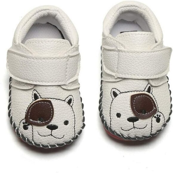 Toddler Dog/Cream White Baby Boys Girls Pu Leather Hard Bottom Walking Sneakers - Picture 3 of 7